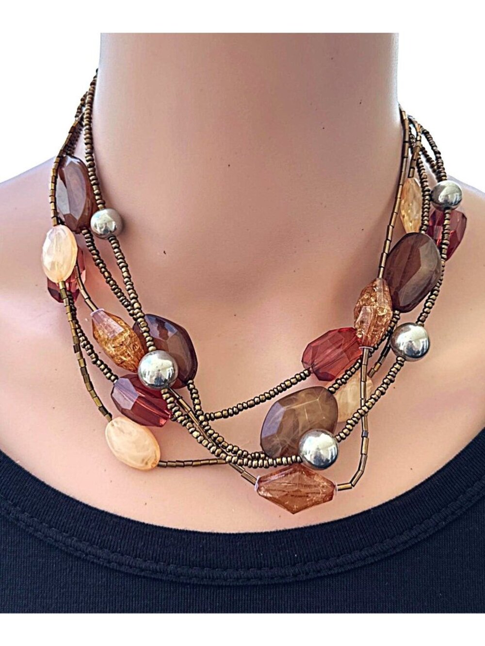 Vintage Necklace Beaded Multi Strand  Brown Earth Tones Women Jewelry